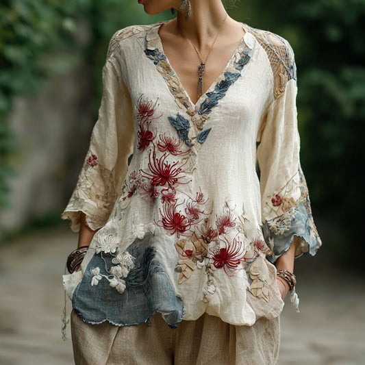 Women's Japanese Spider Lily Embroidered Cotton And Linen V-neck Shirt elevenforest