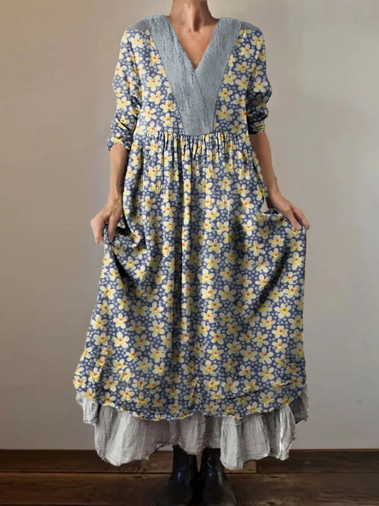 Women's Flower Art Print V-Neck Pocket Cotton Dress