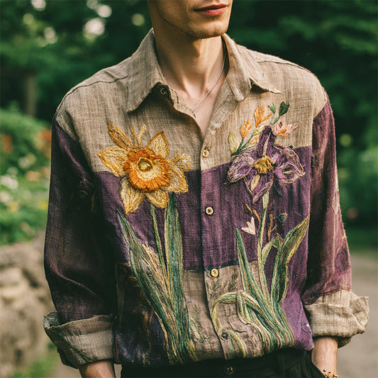 Vintage Boho Daffodil Floral Men's Linen Long Sleeve Shirt elevenforest