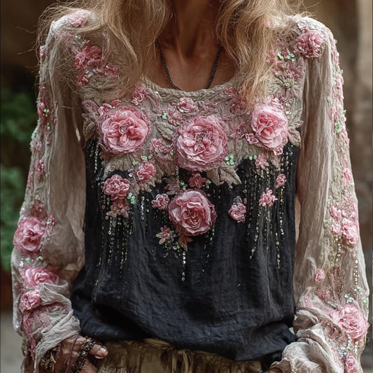 Bohemian Embroidered Flower Vintage Casual Round Neck Black And White Long-sleeved Shirt elevenforest
