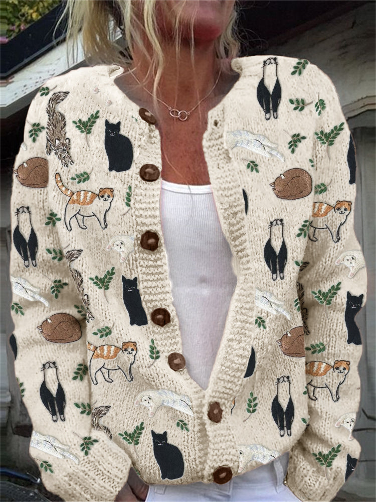 Cats & Leaves Embroidery Pattern Cozy Knit Cardigan elevenforest