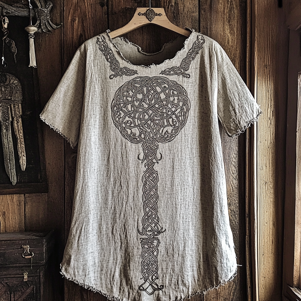 Women's Viking Tribal Tree Of Life Print Linen T-shirt elevenforest