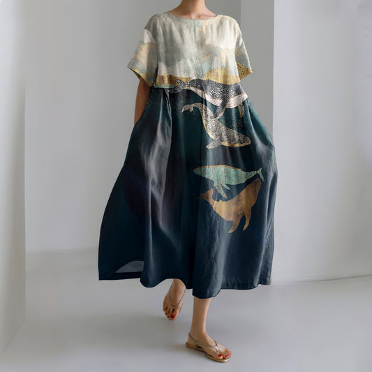 Whale Print Crew Neck Short Sleeved Midi Dress elevenforest