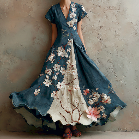 Women's Retro Japanese Sakura Artistic Linen Short Sleeve Dress elevenforest