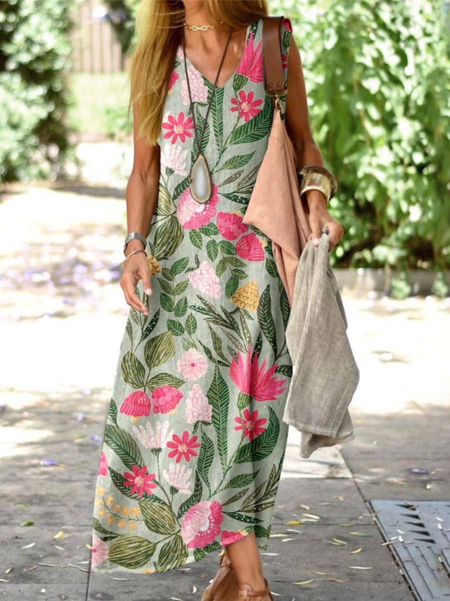 Women's Elegant Floral Cotton and Linen Loose Tank Top Dress