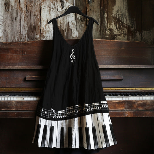 Comstylish Vintage Treble Clef Music Notes Piano Contrast Linen Dress