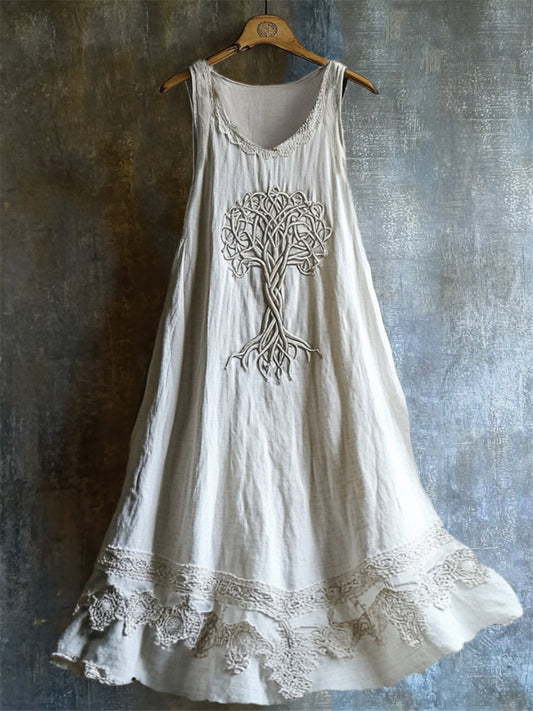 Viking Celtic Tree Of Life Lace Hem Layered Linen Dress elevenforest
