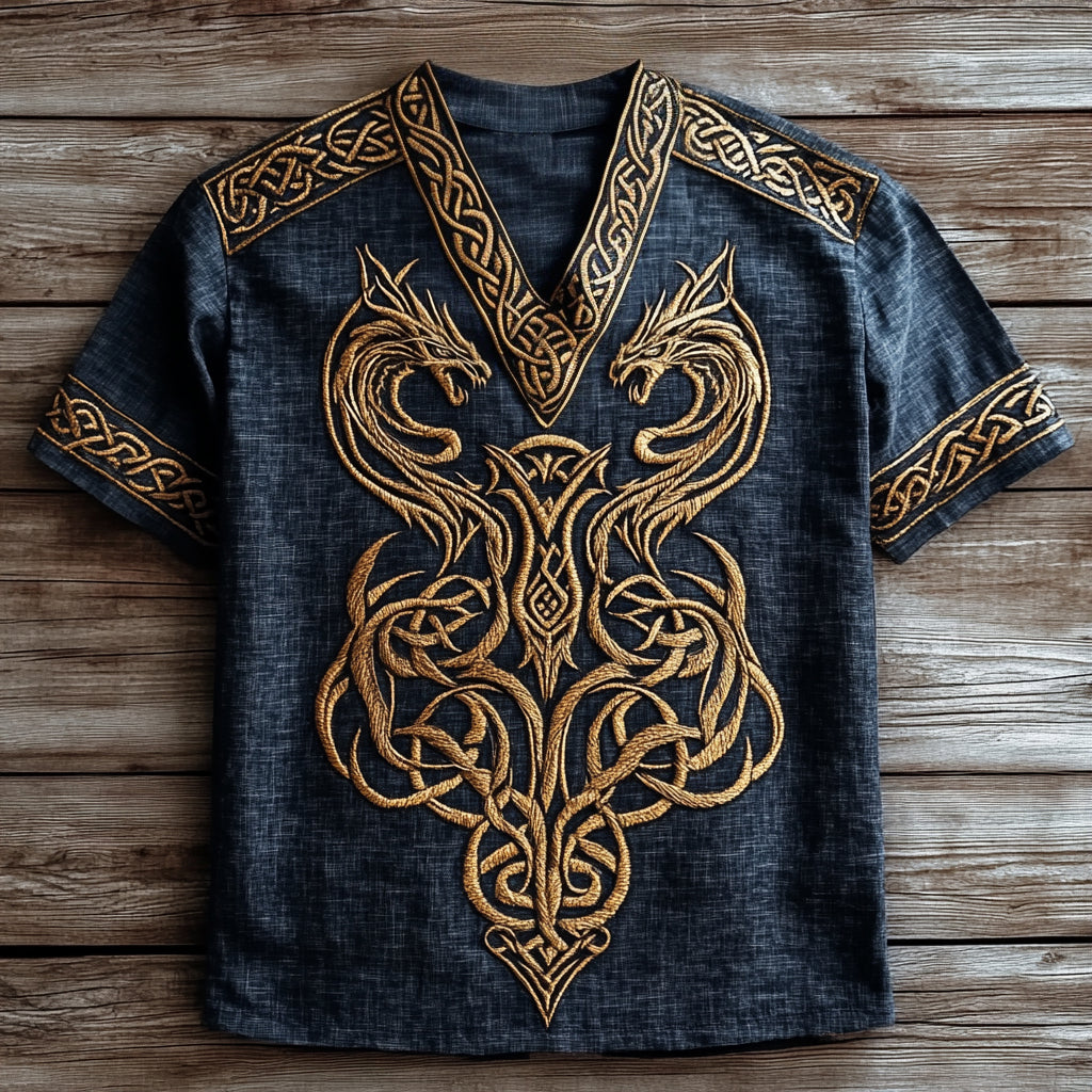 Men's Viking Tribal Dragon Celtic Art Linen V-neck T Shirt elevenforest