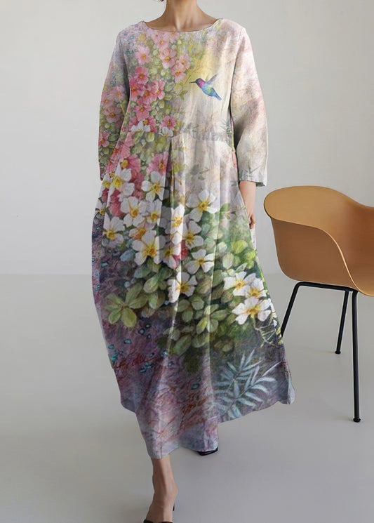 Vintage Bird And Floral Round Neck Long Sleeve Midi Dress elevenforest