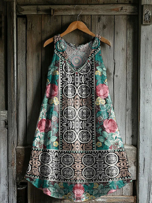Women's Floral Embellished Pattern Art Print V-Neck Pocket Cotton Dres