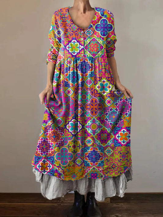 Women's Art Painting Hippie Vintage Floral Print V Neck Dress