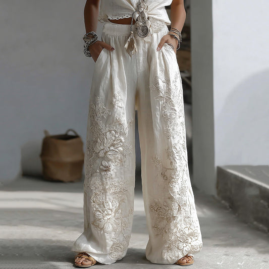 Women's Retro Floral Lace Patchwork Art Casual Pocket Linen Pants elevenforest
