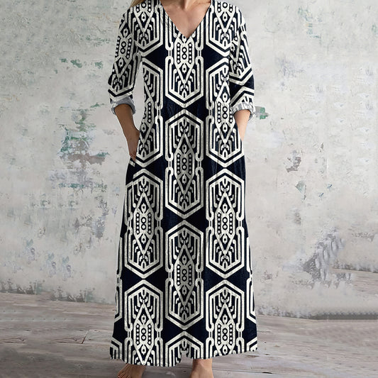 Geometric Print V-neck Linen Blend Midi Dress elevenforest