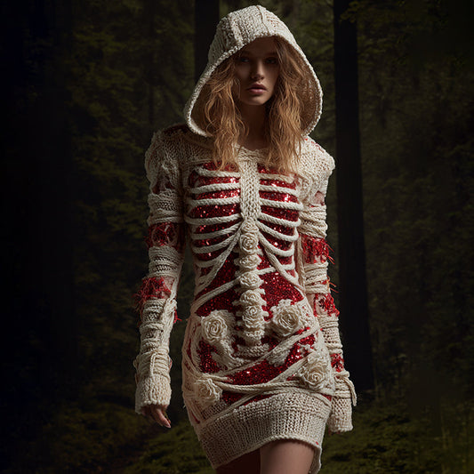 Comstylish Women's Halloween Anatomy Bandage Rose Sequin Art Cozy Knit Hooded Sweater Dress