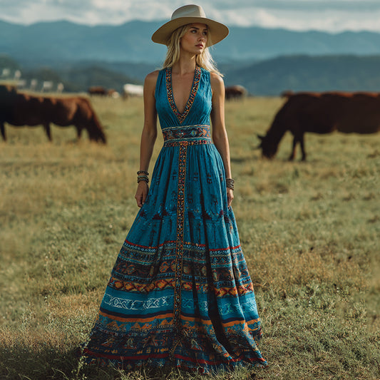 Women's Vintage Western Print V-neck Sleeveless Maxi Dress elevenforest