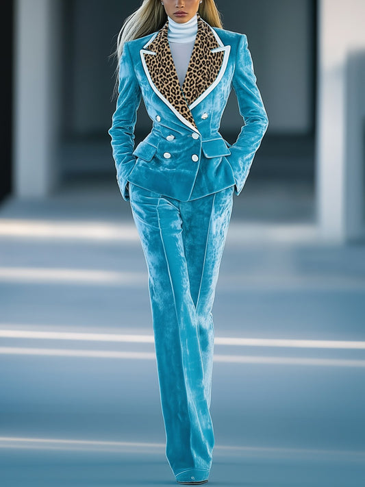 Shipping Stylish Blue Velvet Suit With Leopard Print Lapel