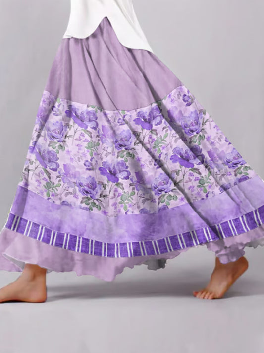 Women's Retro Casual Purple Floral Splicing Skirt elevenforest