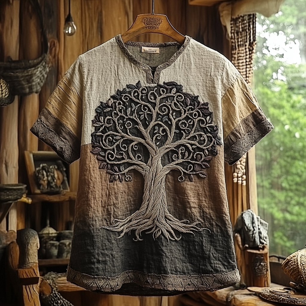 Men's Viking Tribal Tree Of Life With Celtic Art Gradient Linen T-shirt elevenforest