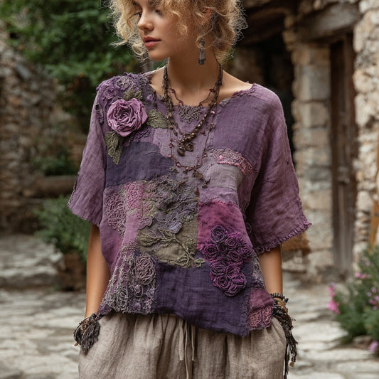 Vintage Purple Patchwork Rose Art Round Neck Loose T-shirt elevenforest