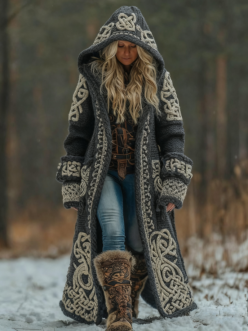 Wool Blend Hooded Long Coat with Celtic Knotwork and Tribal Appliqués