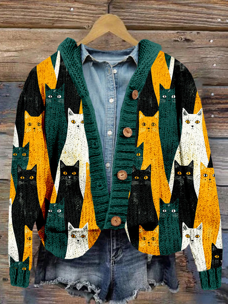 Lovely Crowded Cats Art Cozy Hooded Cardigan elevenforest