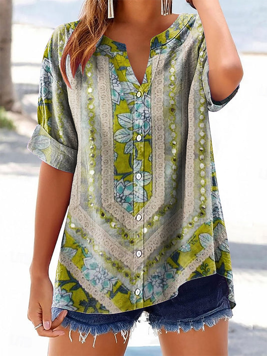 Women's Bohemian Floral Art Print Casual Cotton And Linen Shirt