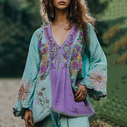 Comstylish Vintage Floral Embroidery Linen Art V-neck Shirt