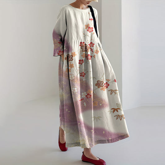 Japanese Cherry Blossoms Art Print Loose Casual Midi Dress elevenforest