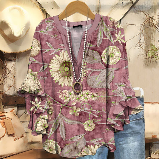 Women's Ethnic Sunflower Floral Art Print Casual Ruffle Sleeve Top