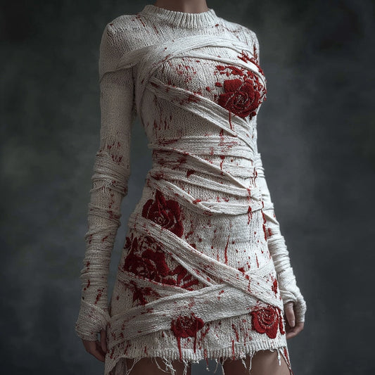Comstylish Vintage Bloody Bandages Roses Cozy Sweater Mini Dress