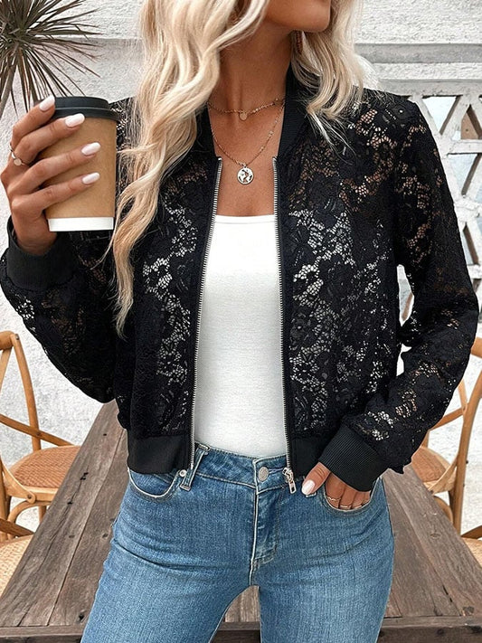 Women's Jacquard Lace See-Through Zipper Short Jacket 