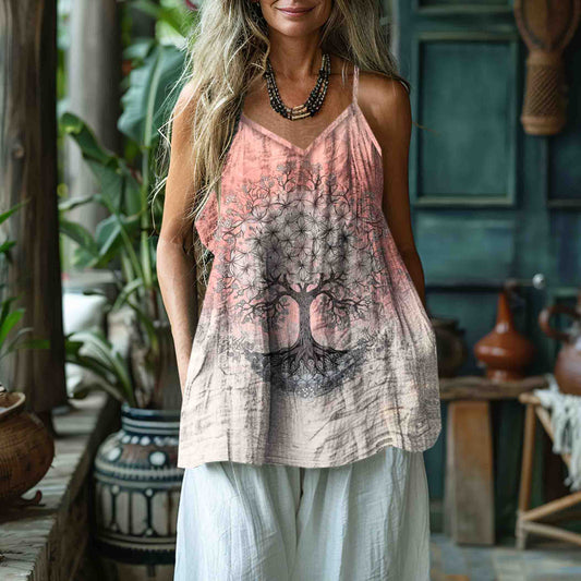 Women's Retro Viking  Tree Of Life Art Gradient Style Linen Art Linen And Cotton Camisole elevenforest