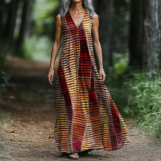Women's Retro Geometric Art Print V-neck Loose Midi Dress elevenforest