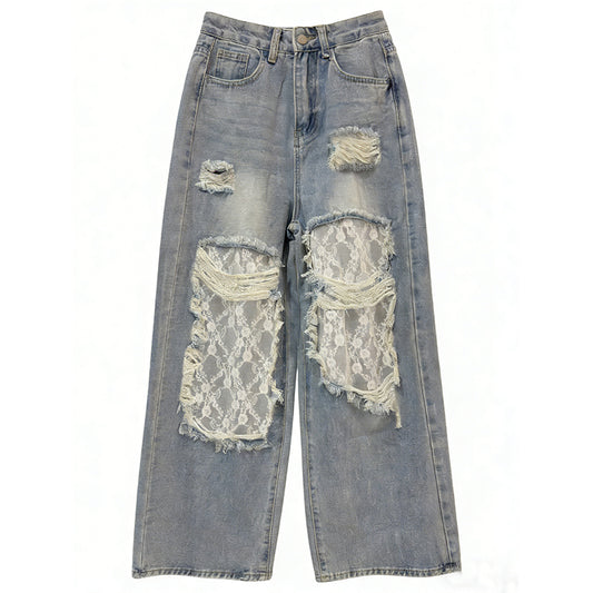 Comstylish Vintage Bohemian Lace-paneled Distressed Washed Denim Jeans