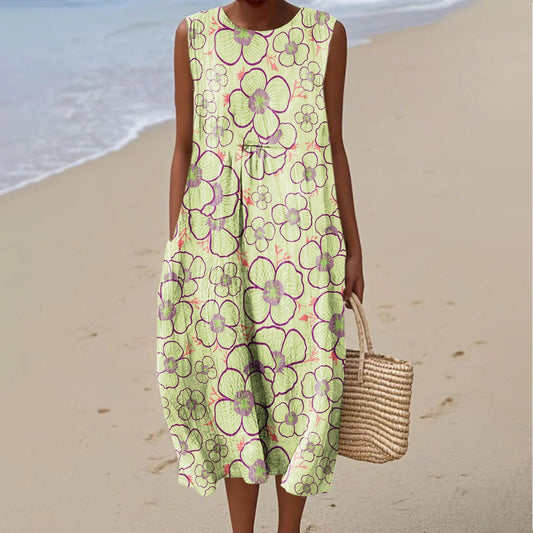 Women's Vintage Floral Art Print Sleeveless Casual Dress elevenforest