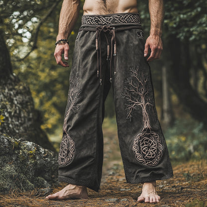 Vintage Life Of Tree Embroidery Art Linen Loose Wide-leg Pants artswardrobe