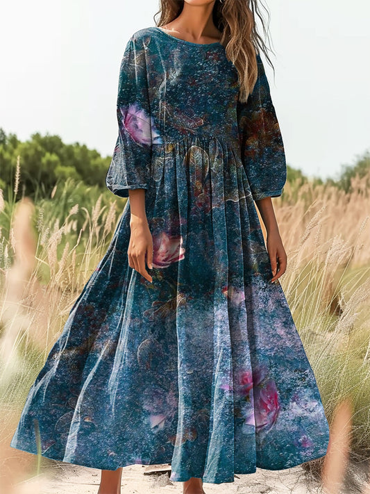 Women's Vintage Floral Art Print Flowy Cotton Crew Neck Dress