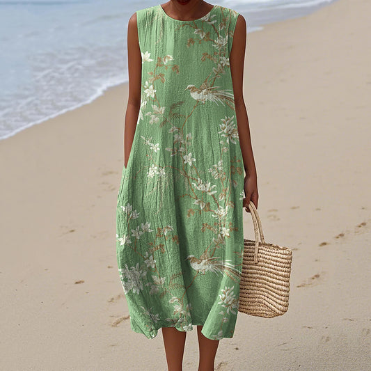 Women's Vintage Bird On Tree Pattern Comfortable Tank Dress elevenforest