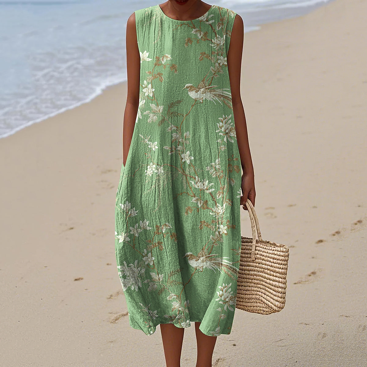 Women's Vintage Bird On Tree Pattern Comfortable Tank Dress elevenforest