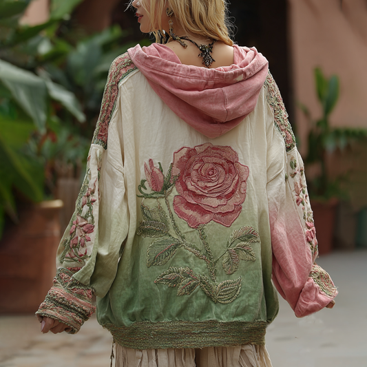 Love & Health Collection Vintage Rose And Floral Art Linen Long Sleeve Hoodie elevenforest