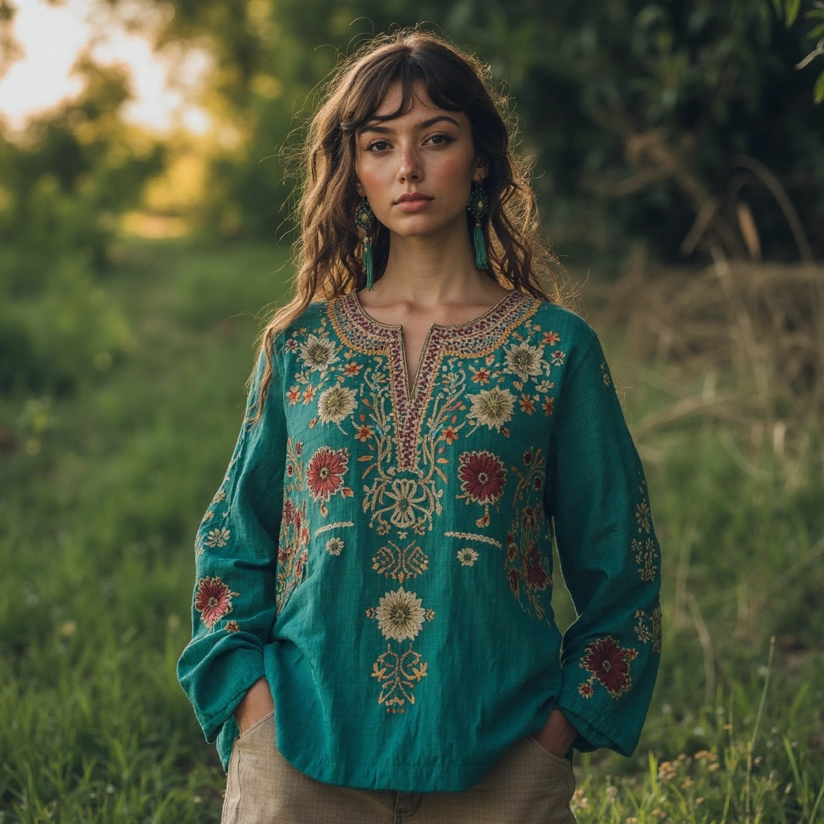 Retro Boho Floral Embroidery Linen Blend Loose Blouse artswardrobe