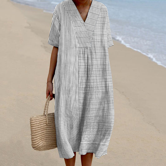 Women Vintage Stripes Casual V Neck Midi Dress elevenforest