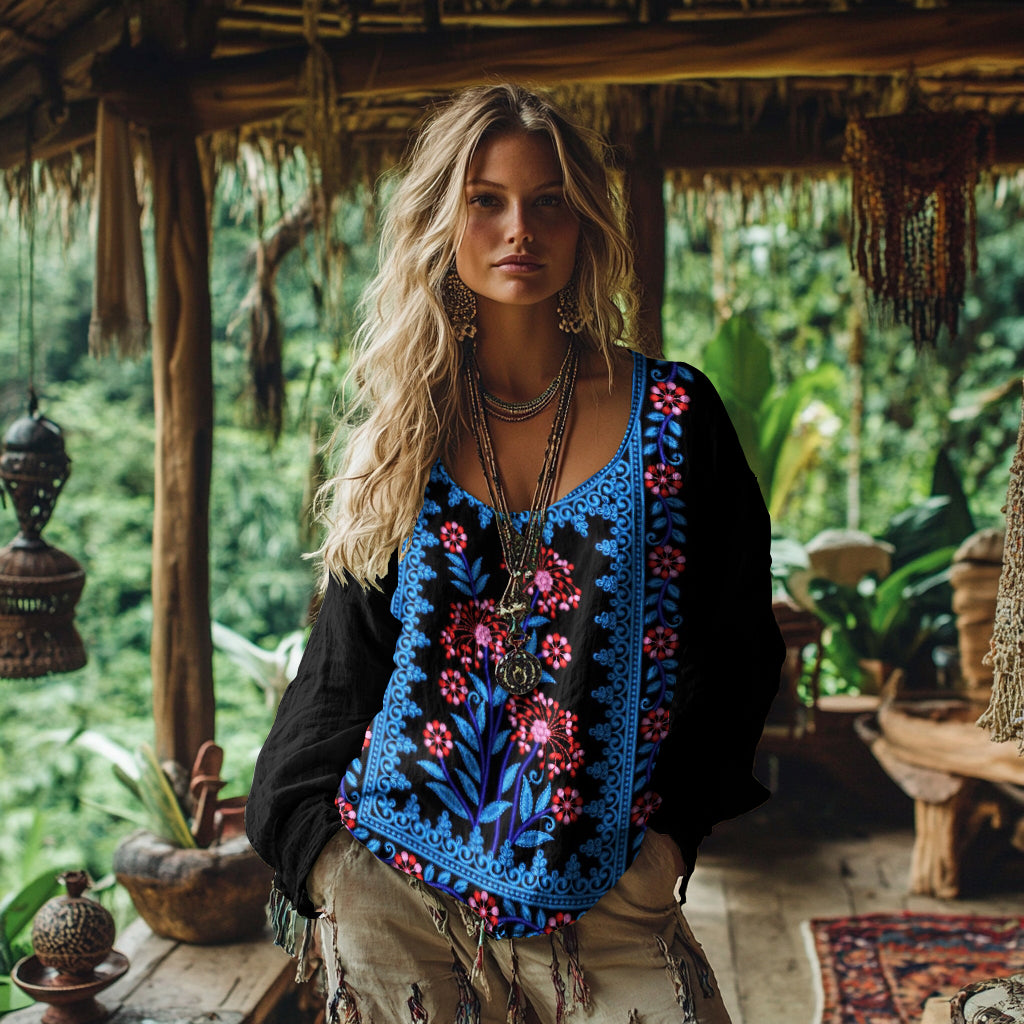 Vintage Ethnic Floral Linen Long Sleeve Shirt elevenforest