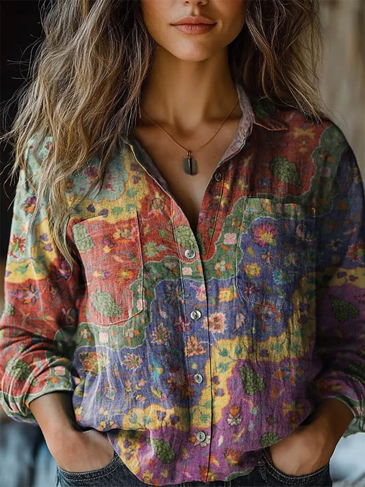 Womens Boho Floral Wave Collage Art Print Casual Long Sleeve Comfortab