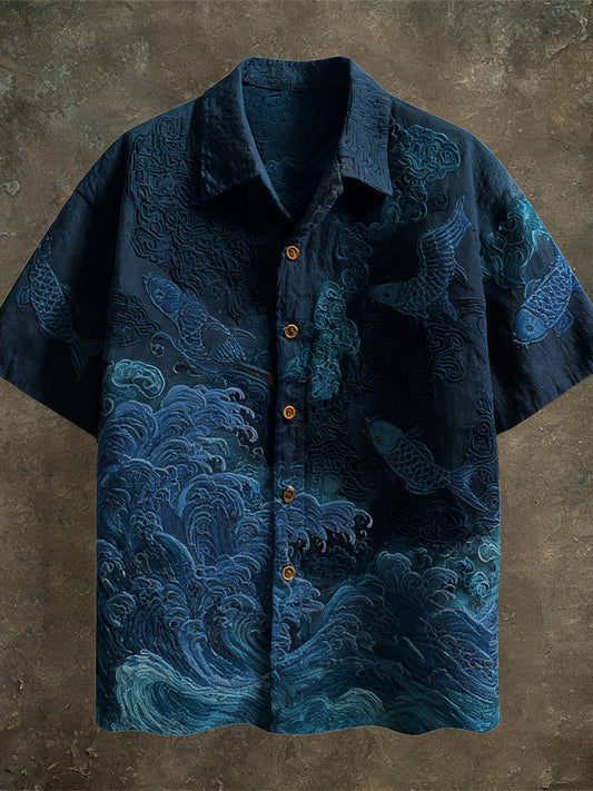 Japanese Sea Animal Pattern Linen Short Sleeve Shirt elevenforest