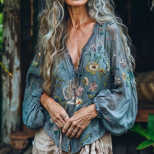 Bohemian Floral Linen Art Print Long Sleeve V-neck Shirt elevenforest