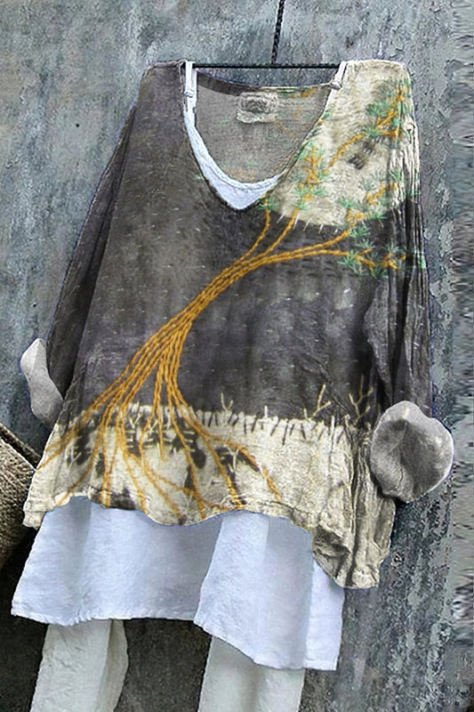 Women's Retro Tree Embroidery Color Cotton And Linen Shirt elevenforest
