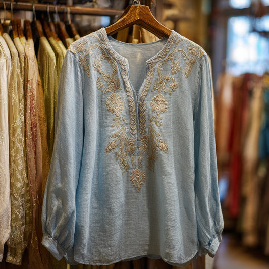 Women's Ethnic Floral Embroidered Casual Linen Shirt elevenforest