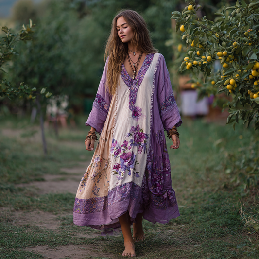 Women's Vintage Ethnic Floral Long Sleeve Maxi Dress