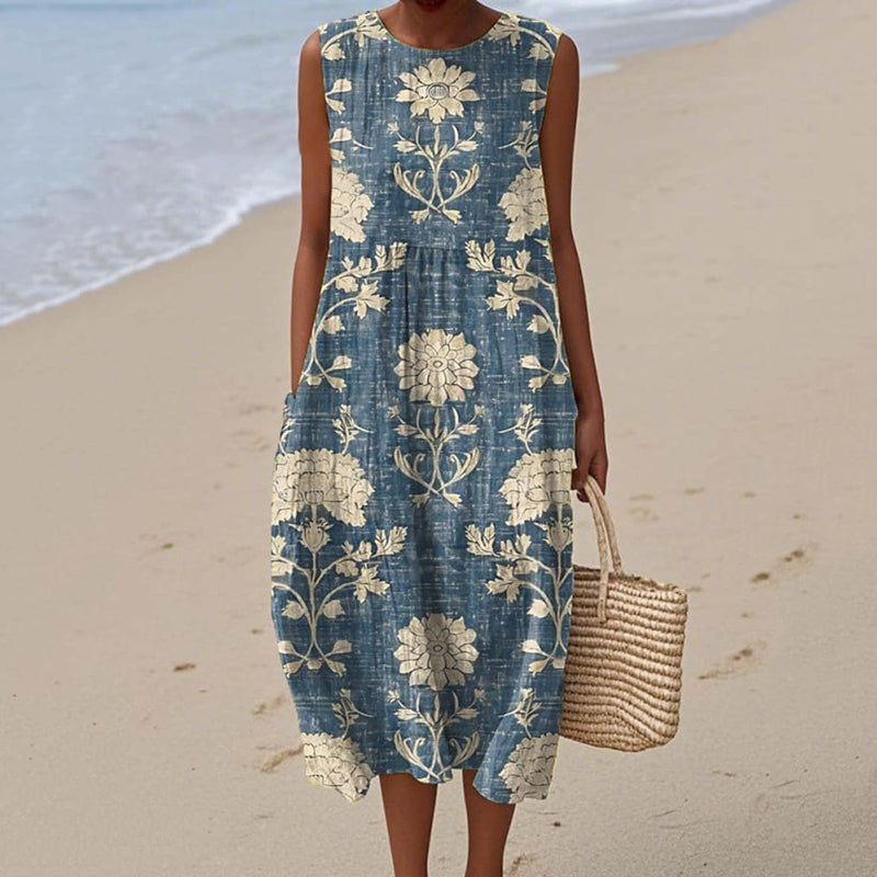 Women's Vintage Floral Print Sleeveless Dress elevenforest